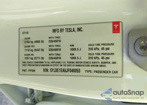 2018 Tesla Model 3 from USA, damaged, VIN 5YJ3E1EA5JF048053